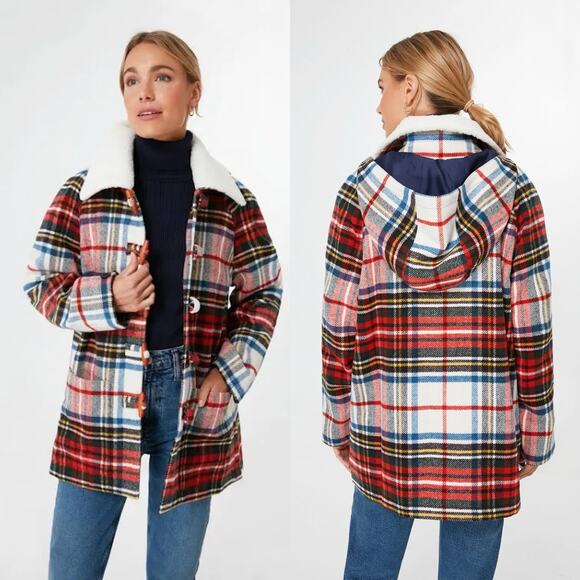 The Great. The Cabinmate Toggle Jacket Faux Shearling Greenwood Plaid size Large - Picture 2 of 13